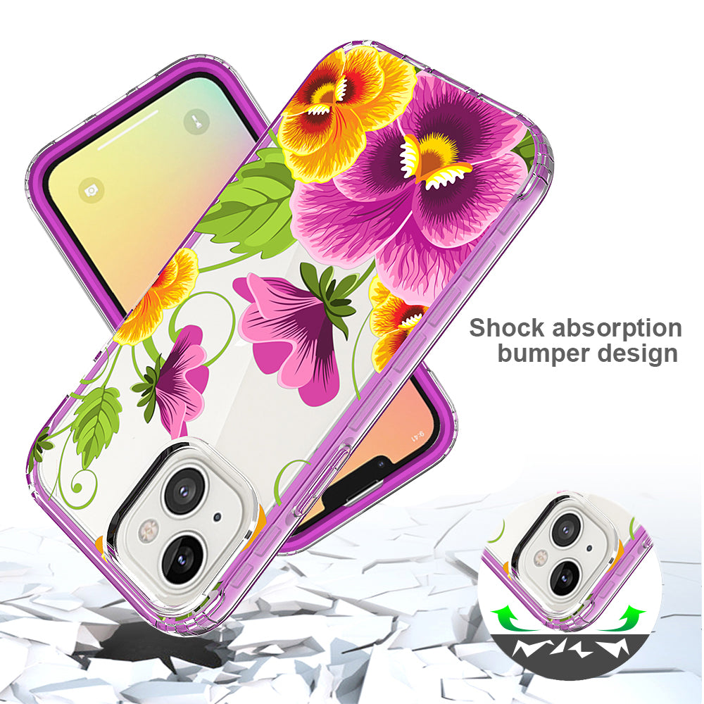 For Apple iPhone 14 Plus (6.7") Beautiful Design 3in1 Hybrid Triple Layer Armor Hard PC Plastic Rubber Frame Purple Summer Floral Phone Case Cover
