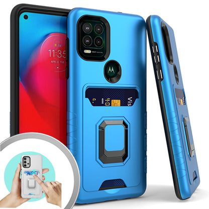For Motorola Edge+ 2022 /Edge Plus Wallet Credit Card Slot with Ring Kickstand Heavy Duty Shockproof Hybrid Magnetic Stand Blue Phone Case Cover