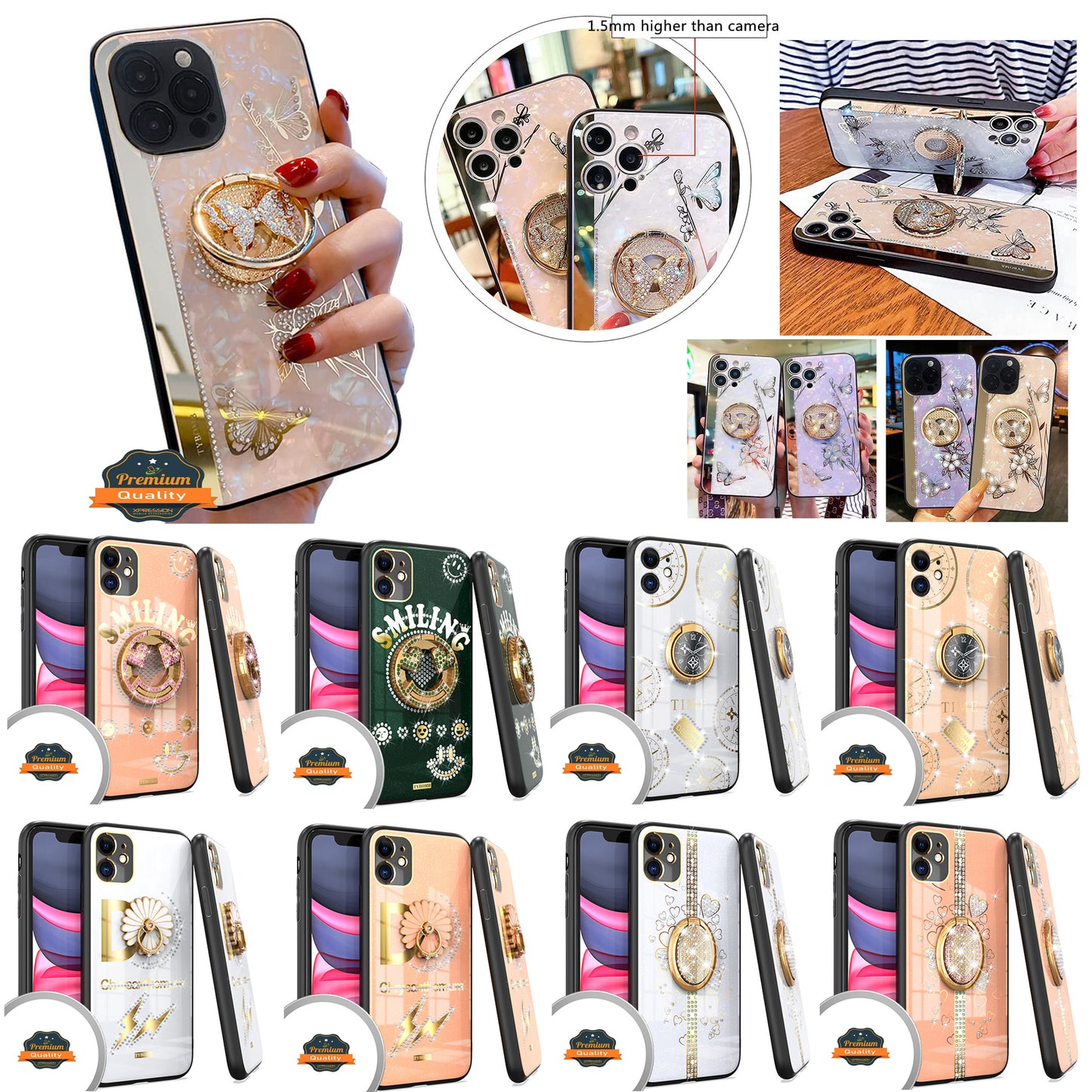 For Apple iPhone 14 (6.1") Elegant Rhinestone 3D Diamond Bling Glitter with Ring Stand Kickstand Plating Hard  Phone Case Cover