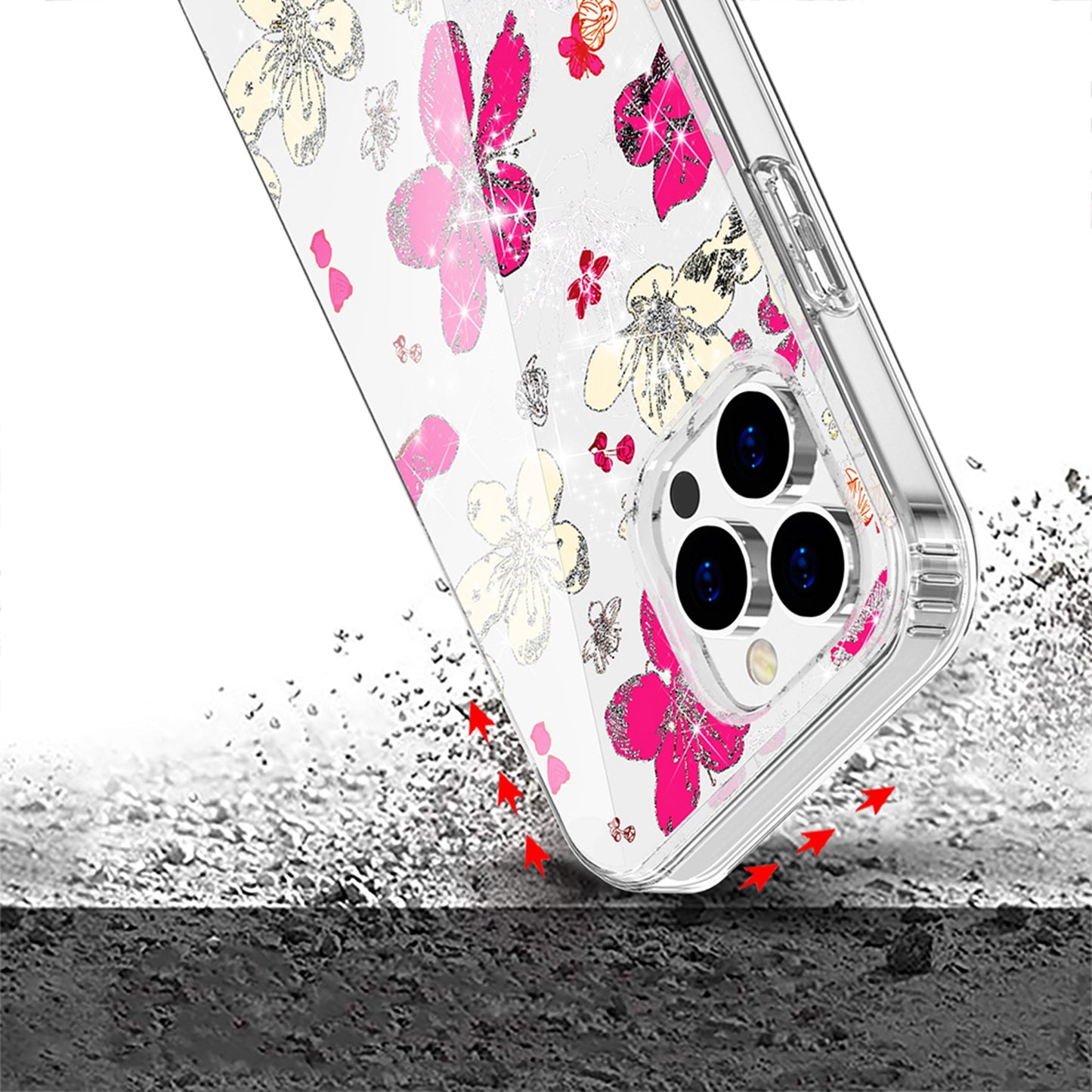 For Apple iPhone 14 Pro Max (6.7") Beautiful Laser Glitter Design Pattern Hybrid Gummy Hard PC TPU Shockproof  Phone Case Cover