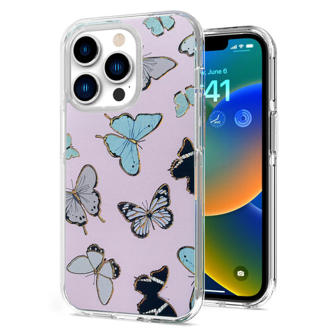 For Apple iPhone 13 Pro Max 6.7" Stylish Gold Layer Printing Design Hybrid Rubber TPU Hard PC Shockproof Armor Rugged Butterflies Phone Case Cover