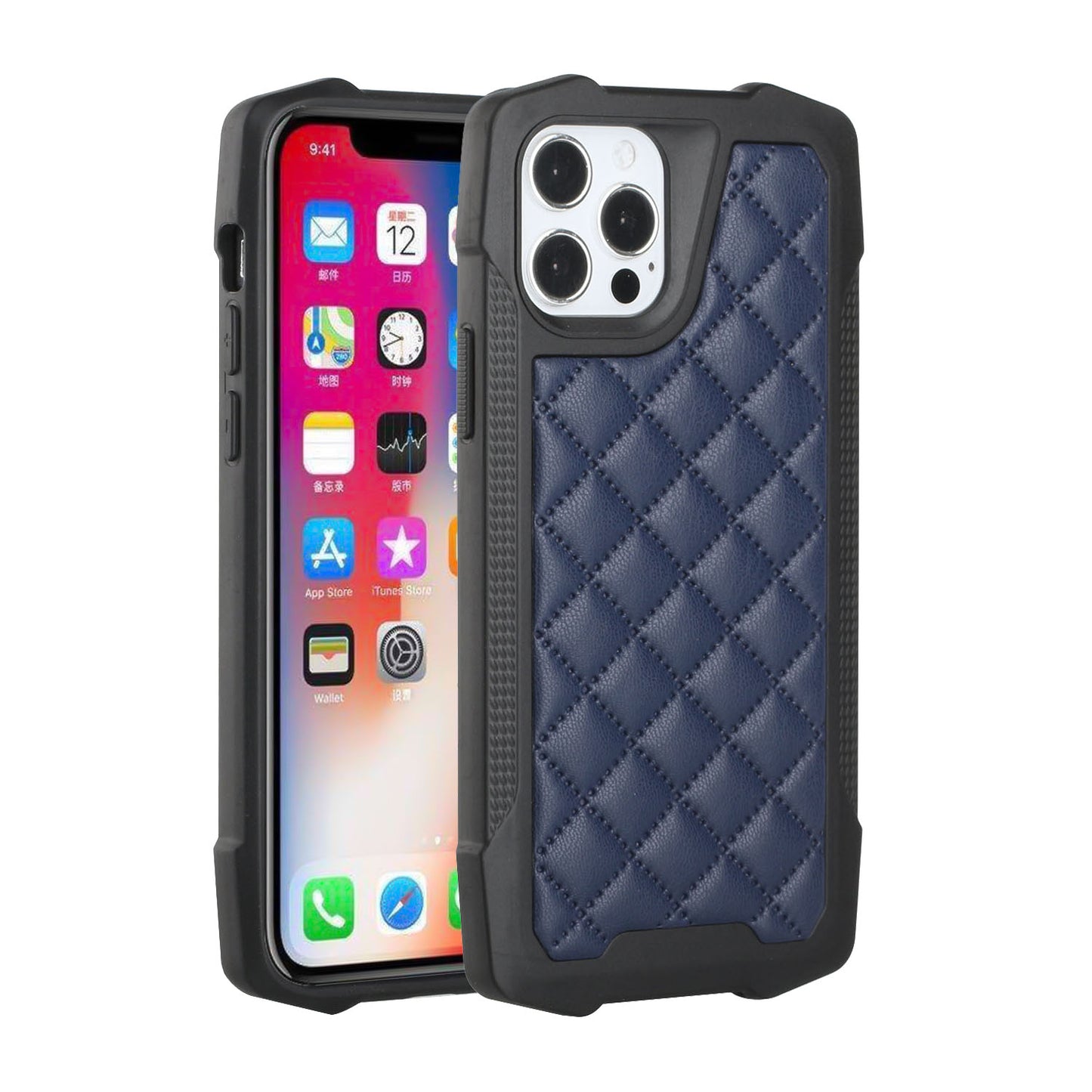 For Apple iPhone 13 (6.1") PU Leather Design Lines Hybrid PC Hard Shockproof Armor Shell Bumper Soft Rubber Protection  Phone Case Cover