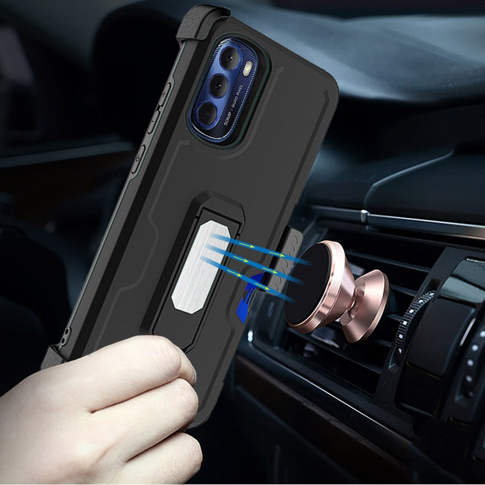 For Motorola Moto G 5G 2022 Armor Belt Clip with Credit Card Holder ID Slot, Holster, Kickstand Full Body Heavy Duty Hybrid  Phone Case Cover