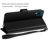 For Samsung Galaxy A02S Wallet Case PU Leather Credit Card ID Cash Holder Slot Dual Flip Pouch with Stand and Strap Black Phone Case Cover