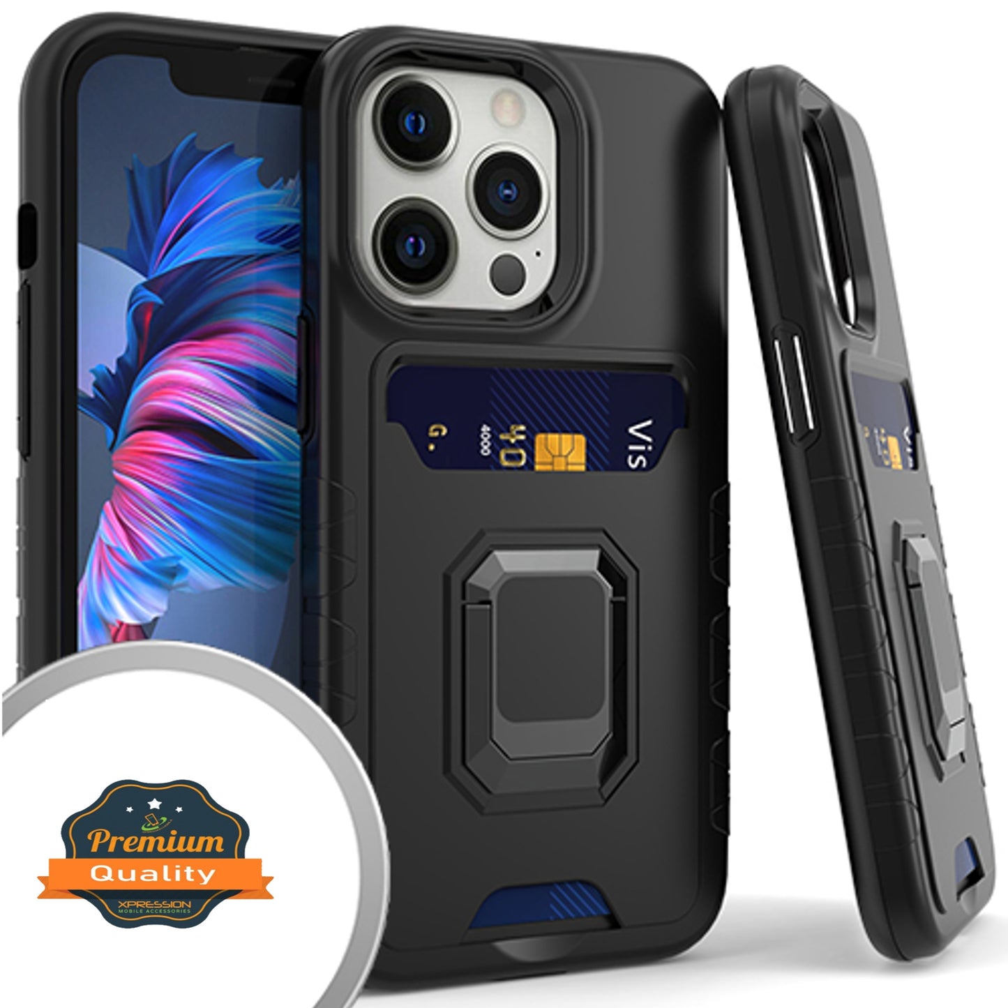 For Apple iPhone 14 Plus /Pro Max Wallet Credit Card Slot Holder with Ring Kickstand Magnetic Shockproof 2in1 Hybrid  Phone Case Cover