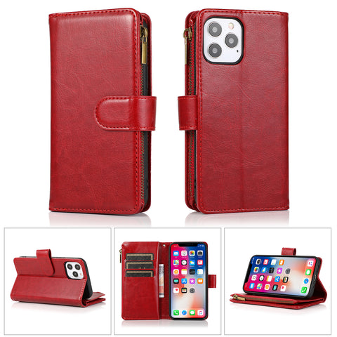 For Nokia C100 Luxury Leather Zipper Wallet Case 9 Credit Card Slots Cash Money Pocket Clutch Pouch with Stand & Strap Red Phone Case Cover