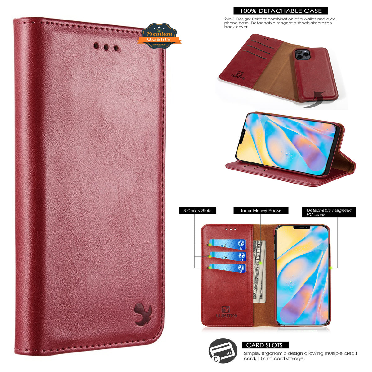 For Apple iPhone 14 /Plus Pro Max Leather Wallet Pouch Magnetic Detachable Card Slot Removable Flip Stand  Phone Case Cover