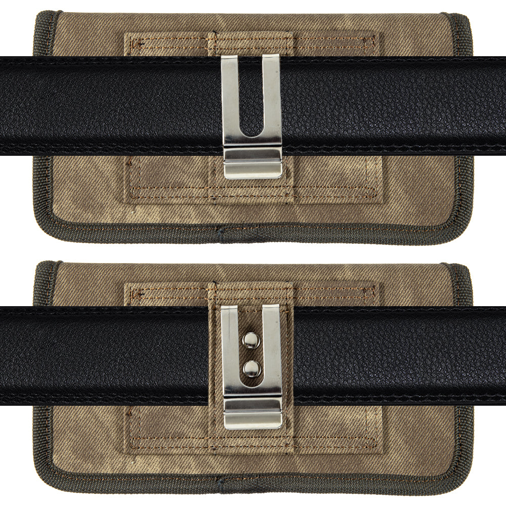 For Apple iPhone 13 Pro Max (6.7 inch) Universal Horizontal Cell Phone Case Fabric Holster Carrying Pouch with Belt Clip and 2 Card Slots fit XL Devices 7" [Brown Denim]