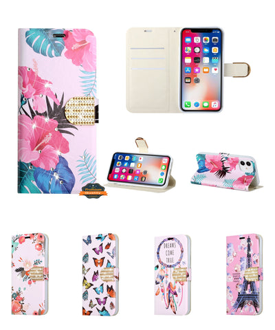For Samsung Galaxy A73 5G Design Pattern PU Leather Wallet Case 3D Diamond Bling Buckle with Credit Card Slot, Pouch Flip  Phone Case Cover