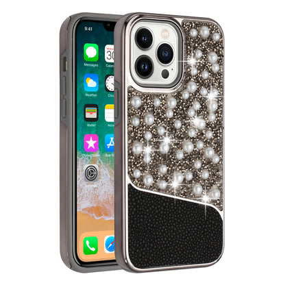For Apple iPhone 14 Pro Max (6.7") Bling Pearl Diamonds Design Glitter Hybrid Thick Hard TPU Shiny Protective Frame  Phone Case Cover