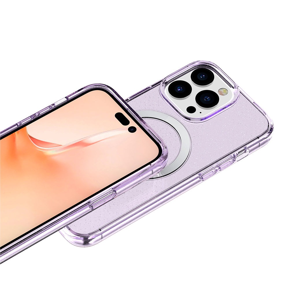 For Apple iPhone 14 Plus (6.7") Transparent Glitter Bling Sparkly Hybrid Hard PC TPU Grip Shockproof Compatible with MagSafe Purple Phone Case Cover