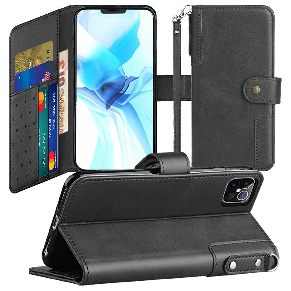 For iPhone 14 Pro (6.1") Wallet Case with Credit Card Holder, PU Leather Flip Pouch Kickstand & Strap Shockproof  Phone Case Cover