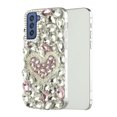For Samsung Galaxy S21 Luxury Bling Clear Crystal 3D Full Diamonds Luxury Sparkle Rhinestone Hybrid Protective Pink Pearl Heart Phone Case Cover