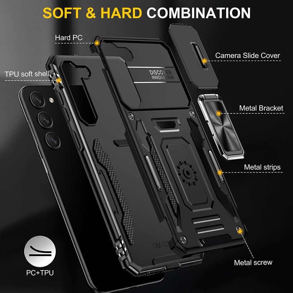 For Samsung Galaxy S23 /Plus /Ultra Hybrid Slide Camera Protection & Built-in 360° Rotate Ring Stand, Heavy Duty Military Grade  Phone Case Cover