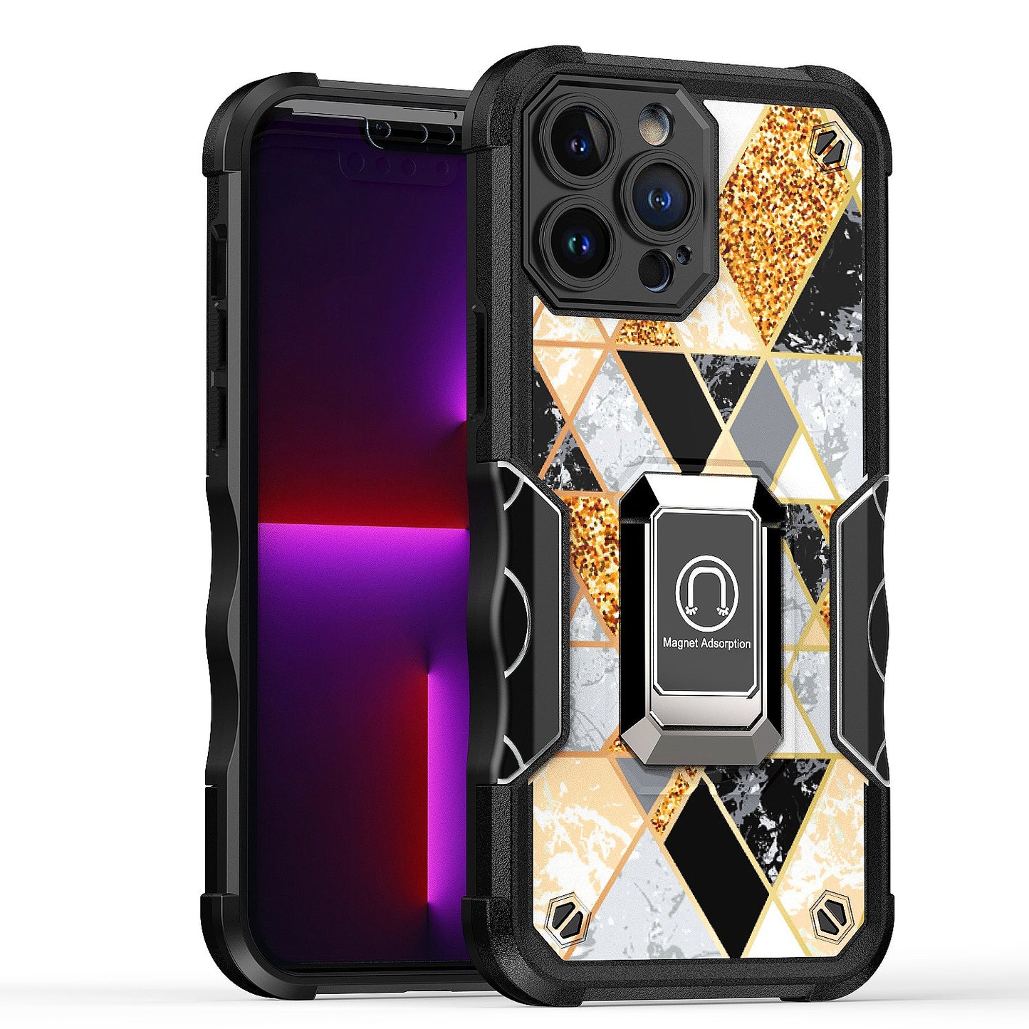 For Apple iPhone 13 Pro Max (6.7") Marble IMD Stone Design Hybrid Armor Magnetic Ring Stand Kickstand Heavy Duty  Phone Case Cover