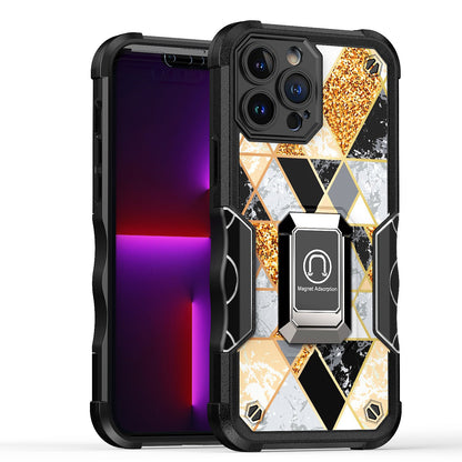 For Apple iPhone 13 Pro Max (6.7") Marble IMD Stone Design Hybrid Armor Magnetic Ring Stand Kickstand Heavy Duty  Phone Case Cover