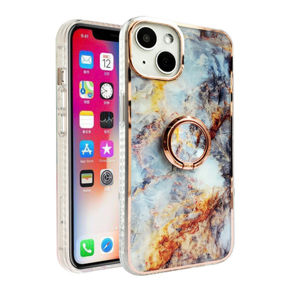 For Apple iPhone 14 Pro (6.1") Pattern Fashion Design Chromed Edge IMD with Ring Kickstand Hybrid TPU Hard Back  Phone Case Cover