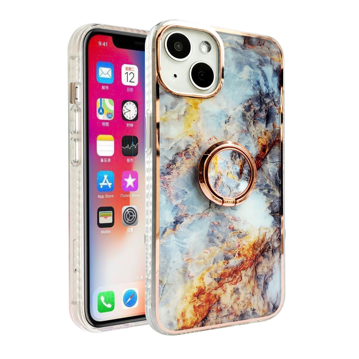 For Apple iPhone 14 Pro (6.1") Pattern Fashion Design Chromed Edge IMD with Ring Kickstand Hybrid TPU Hard Back  Phone Case Cover