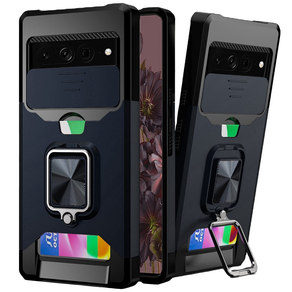 For Google Pixel 7/ 7 Pro Wallet Case with Ring Stand & Slide Camera Cover Credit Card Slot Holder, Military Grade Hard  Phone Case Cover