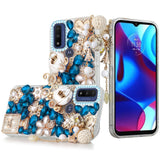 For Apple iPhone 12 /12 Pro (6.1") Bling Crystal 3D Full Diamonds Pearl Luxury Sparkle Rhinestone Glitter Hybrid Ultimate Multi Ornament Blue Phone Case Cover