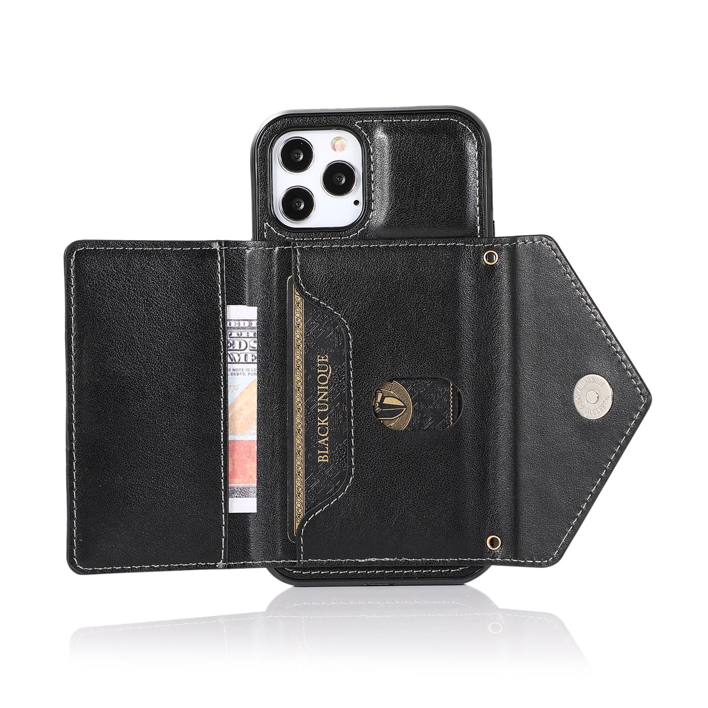 For Apple iPhone SE 3 (2022) SE/8/7 Wallet Case Credit Card ID Holder Lanyard Detachable Neck Strap Flip PU Leather Slim Black Phone Case Cover