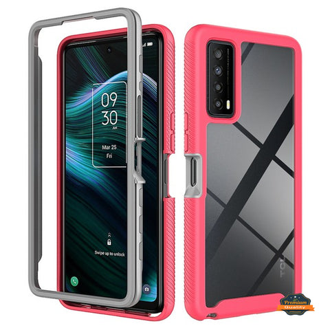 For TCL Stylus 5G Full Body Frame Armor Slim Hybrid Double Layer Hard PC + TPU Transparent Back Rugged Shockproof Clear / Pink Phone Case Cover