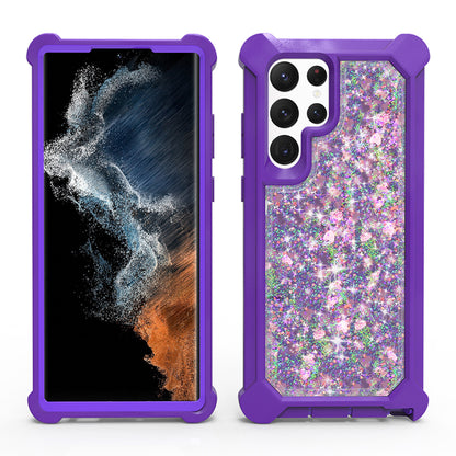 For Samsung Galaxy S22 Ultra Luxury Liquid Glitter 3in1 Sparkle Bling Quicksand Clear Heavy Duty Bumper PC Frame TPU Back  Phone Case Cover