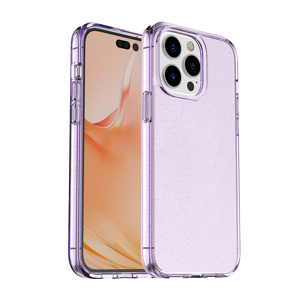 For Apple iPhone 14 Pro (6.1") Transparent Glitter Bling Sparkly Hybrid Hard PC Shell & Soft TPU Shock-Absorption Bumper Purple Phone Case Cover