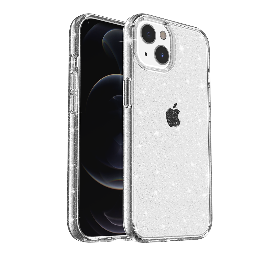 For Apple iPhone 13 Pro Max (6.7") Transparent Glitter Shiny Sparkle Bling TPU Rubber Hard Back Hybrid Armor Frame  Phone Case Cover