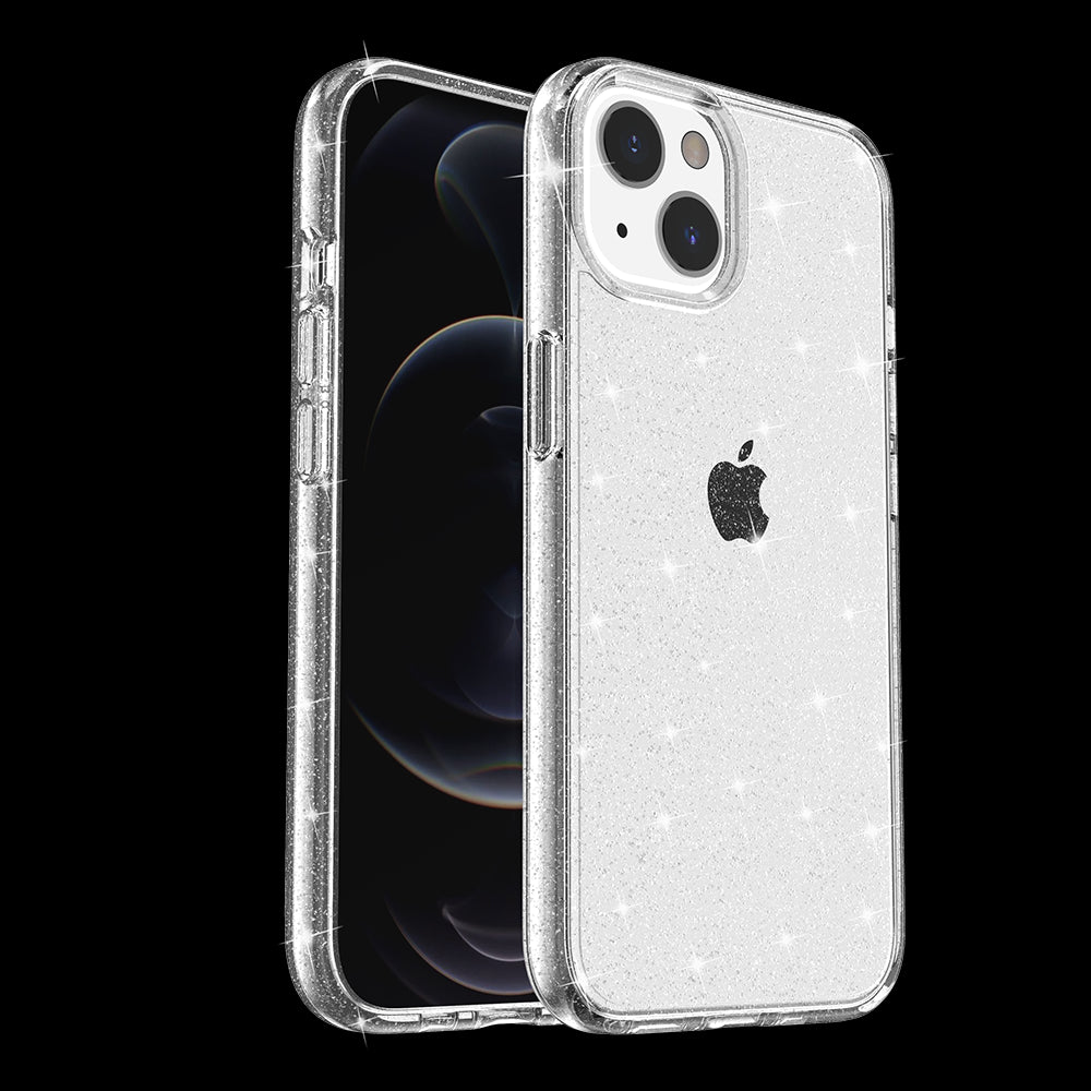For Apple iPhone 13 Pro Max (6.7") Transparent Glitter Shiny Sparkle Bling TPU Rubber Hard Back Hybrid Armor Frame  Phone Case Cover