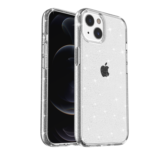 For Apple iPhone 14 (6.1") Transparent Glitter Shiny Sparkle Bling TPU Rubber Hard Back Hybrid Frame Shockproof Clear Phone Case Cover