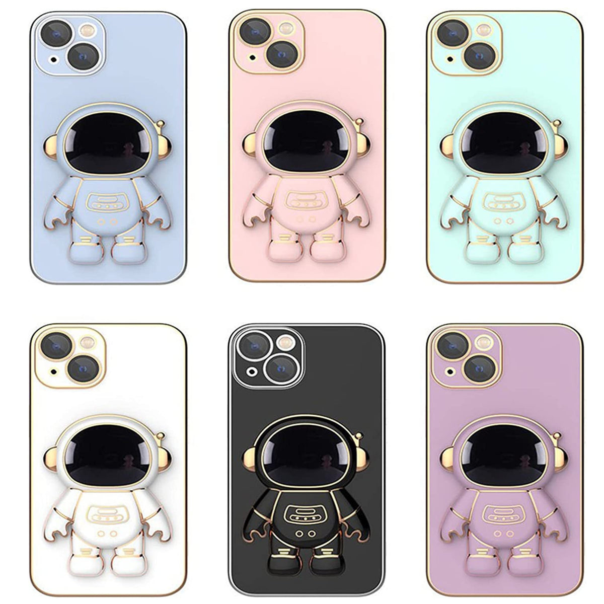 For Apple iPhone 13 /6.1" Astronaut Hidden Stand Holder Plating Hybrid Electroplated Bumper Shockproof Armor Cute  Phone Case Cover