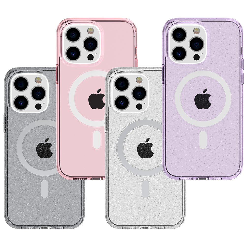 For Apple iPhone 14 Pro Max (6.7") Transparent Glitter Bling Sparkly Hybrid Hard PC TPU Grip Shockproof Compatible with MagSafe Purple Phone Case Cover