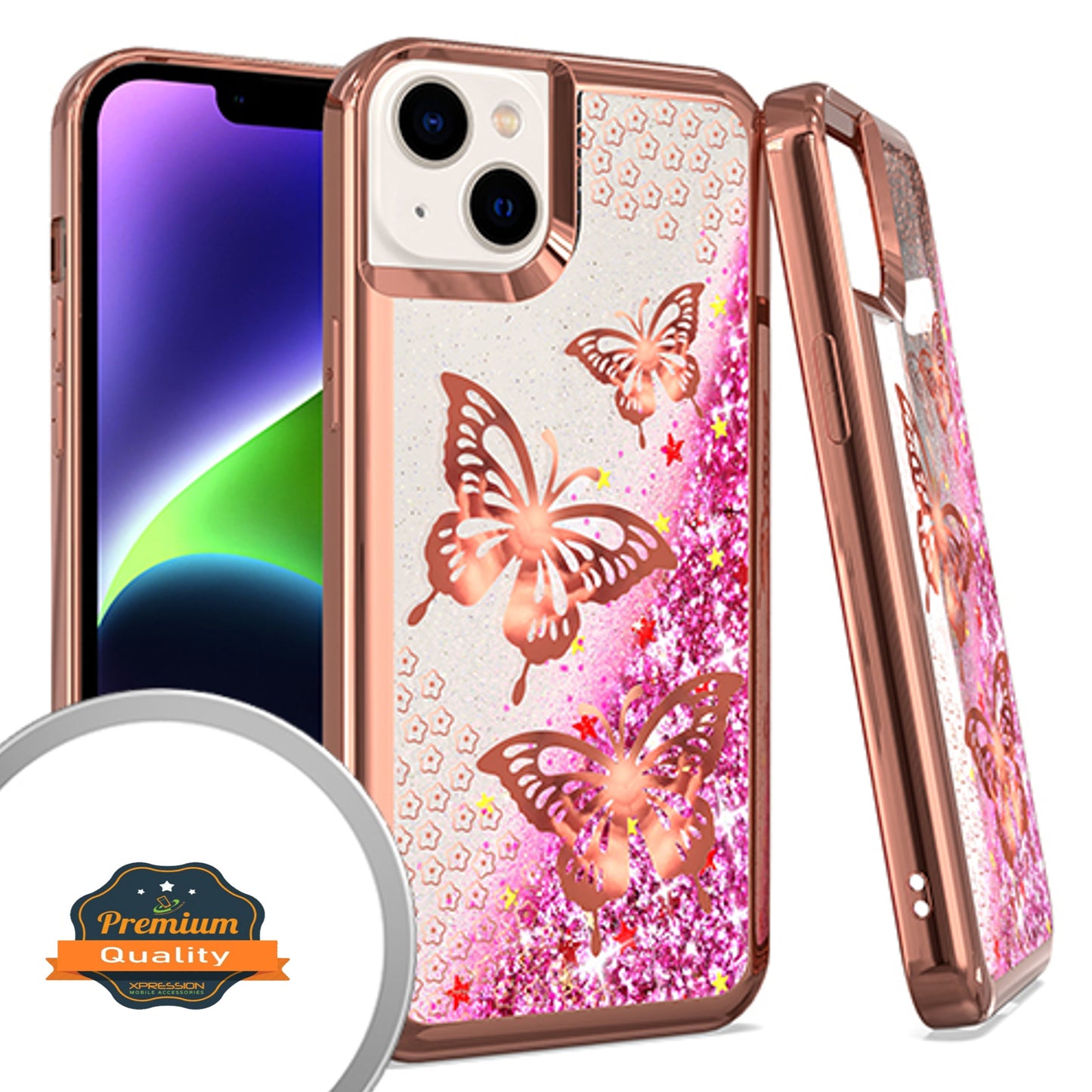 For Apple iPhone 14 (6.1") Quicksand Liquid Glitter Bling Flowing Sparkle Fashion Hybrid TPU and Chrome Plating Hard  Phone Case Cover