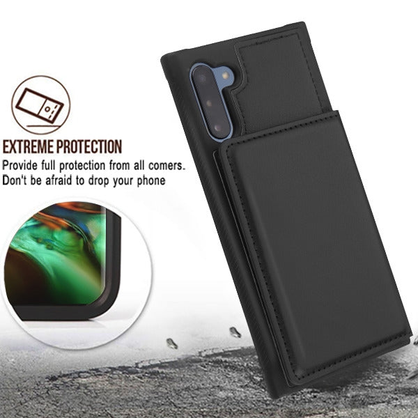 For Samsung Galaxy Note 10 (6.3) Credit Card Wallet Back Storage Invisible Pocket PU Leather Hard PC TPU Hybrid Black Phone Case Cover