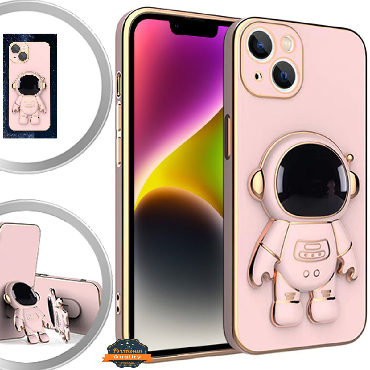 For Apple iPhone 13 /6.1" Astronaut Hidden Stand Holder Plating Hybrid Electroplated Bumper Shockproof Armor Cute  Phone Case Cover