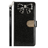 For Motorola Edge+ /Edge Plus 2022 Wallet Bow Glitter Bling Ornament Shimmer with Credit Card Slot Pocket & Lanyard  Phone Case Cover