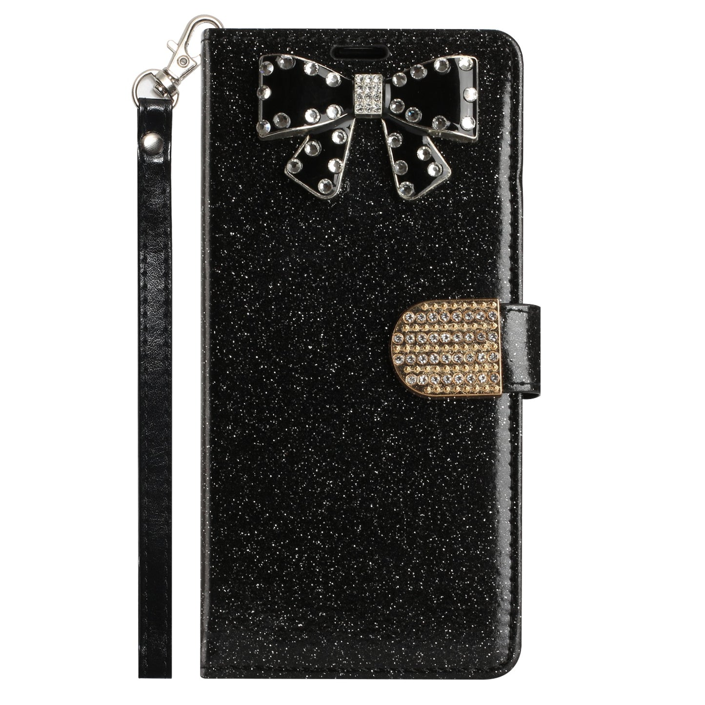 For Apple iPhone 14 Pro Max (6.7") Wallet Bow Glitter Bling Ornament Shimmer with Credit Card Slot Pocket & Lanyard  Phone Case Cover