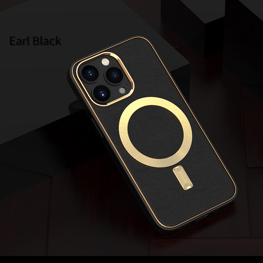 For Apple iPhone 14 /Plus Pro Max PU Leather MagSafe Compatible with Gold Trim & Raised Camera Protection Hybrid  Phone Case Cover