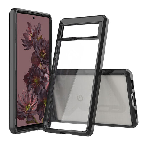 For Google Pixel 7 Pro Hybrid Slim Crystal Clear Transparent Shock-Absorption Bumper with TPU + Hard PC Back Frame Black Phone Case Cover