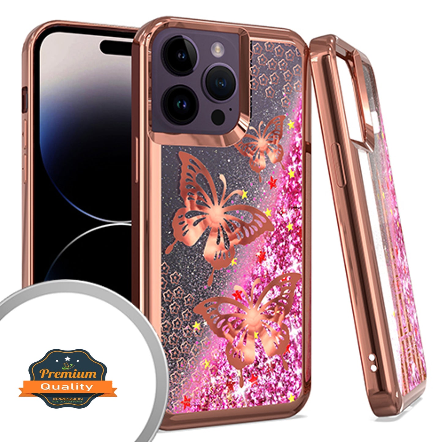For Apple iPhone 14 (6.1") Quicksand Liquid Glitter Bling Flowing Sparkle Fashion Hybrid TPU and Chrome Plating Hard  Phone Case Cover