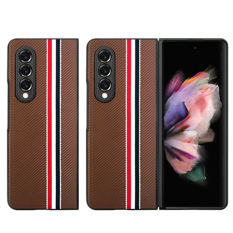 For Samsung Galaxy Z Fold 4 5G Fabric PU Leather Flip Hybrid Shockproof Hard PC Shell TPU Ultra Thin Slim Durable Protective Brown Phone Case Cover