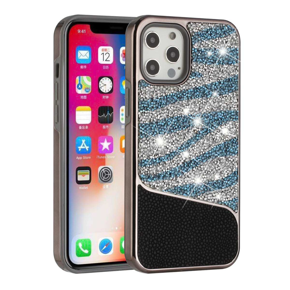 For Apple iPhone 12 Pro Max (6.7") Bling Animal Skin Design Glitter Hybrid Thick TPU Shiny Protective Rubber Frame  Phone Case Cover