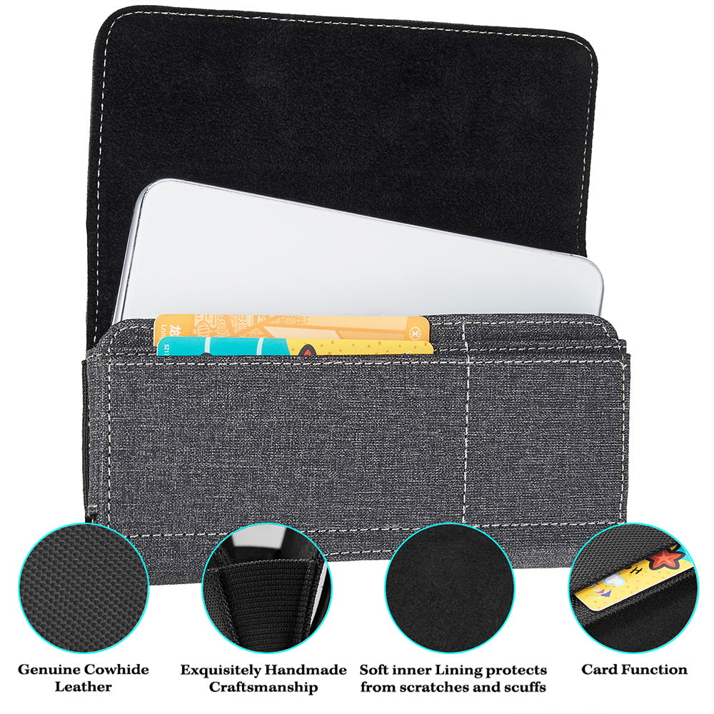 For Nokia C200 Universal Horizontal Cell Phone Fabric Pouch Holster Carry Case with Credit Card Slots & Belt Clip Loop (Size 6.3") [Black]