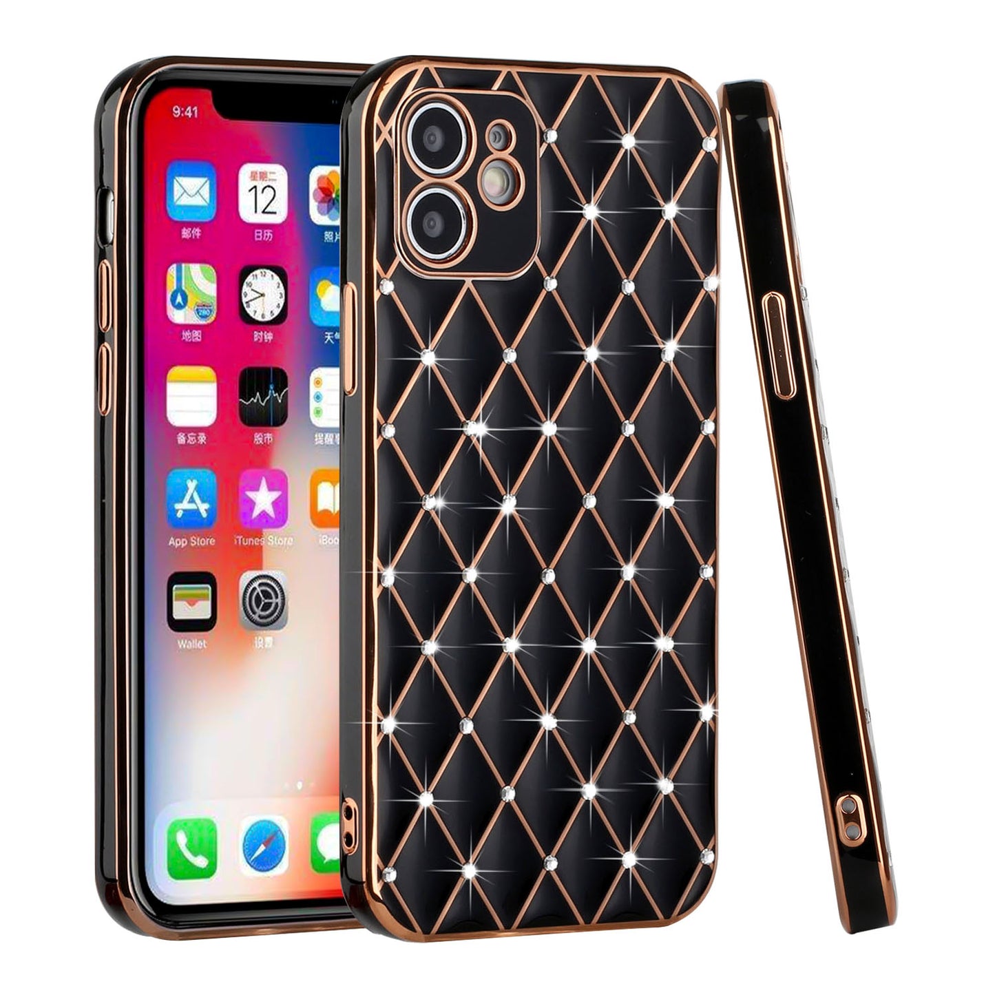 For Apple iPhone 14 Pro (6.1") Luxury Diamonds on Electroplated Grid Design Rhinestone Protective TPU Hard PC  Phone Case Cover