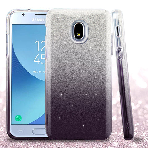 For Samsung Galaxy J3 V /J3 3rd Gen /Galaxy Express Prime 3 Stylish Gradient Glitter Design Hybrid Rubber TPU Hard PC Slim Silver Black Phone Case Cover