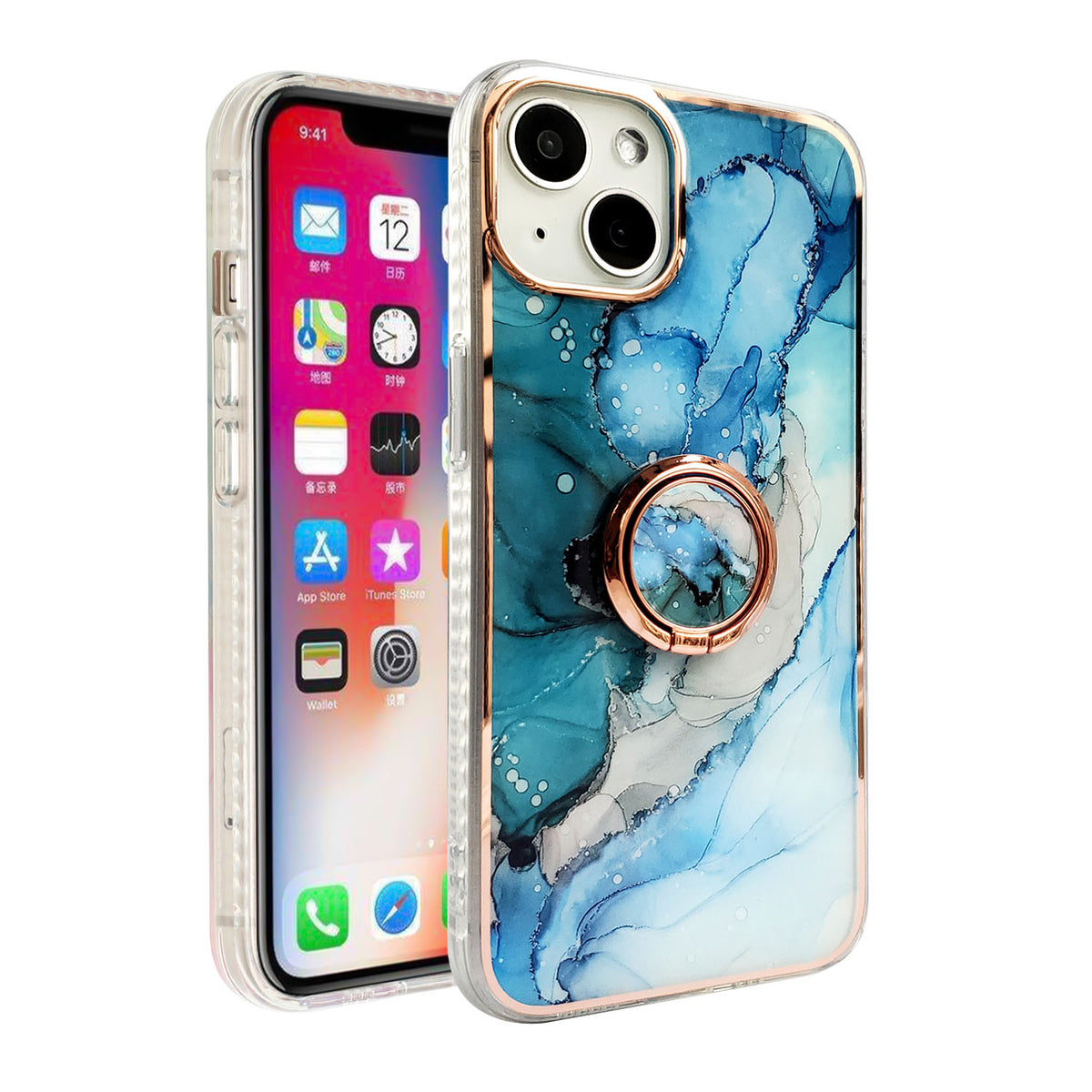 For Apple iPhone 14 Pro (6.1") Pattern Fashion Design Chromed Edge IMD with Ring Kickstand Hybrid TPU Hard Back  Phone Case Cover