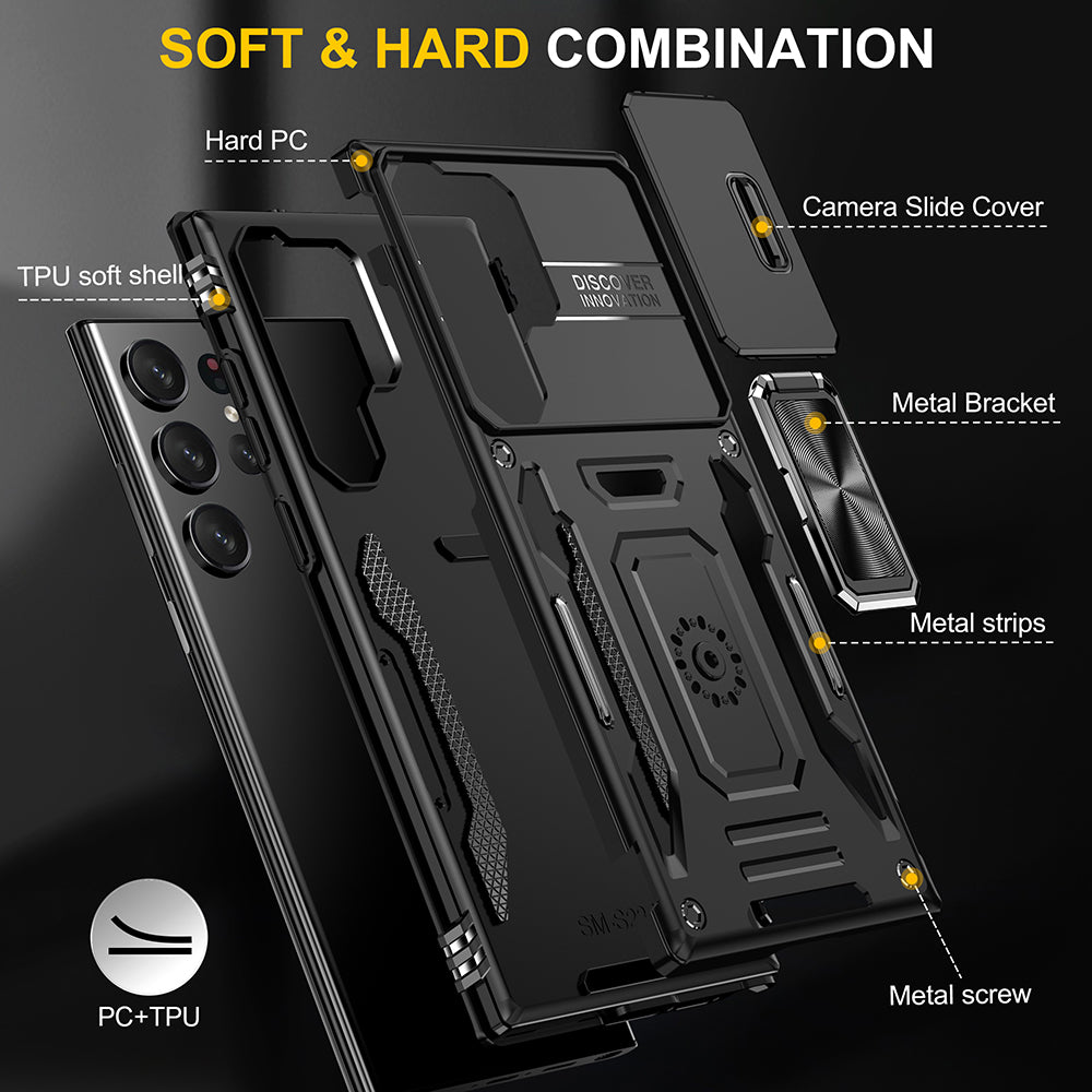 For Samsung Galaxy S23 /Plus /Ultra Hybrid Slide Camera Protection & Built-in 360° Rotate Ring Stand, Heavy Duty Military Grade  Phone Case Cover
