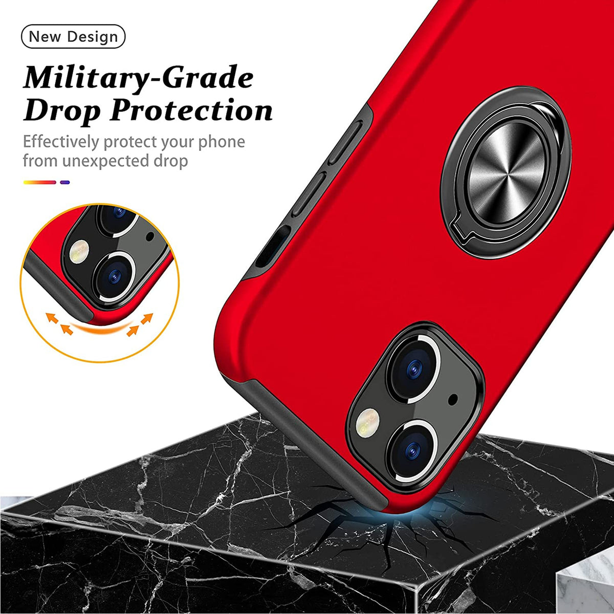 For Apple iPhone 14 /Plus Pro Max Hybrid Military Grade with Flat Metal Ring Stand 360° Rotation Kickstand Hard PC Back  Phone Case Cover