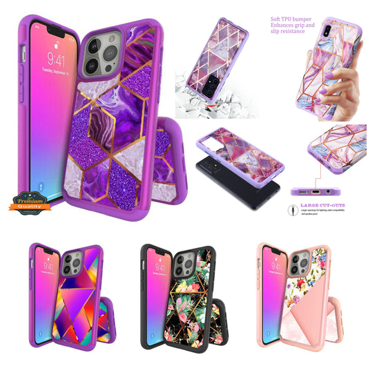For Apple iPhone 13 Pro /13 (6.1") Luxury Fashion Pattern Design Slim Hybrid Grid Bumper Rubber Soft TPU & Hard Back PC Protective  Phone Case Cover